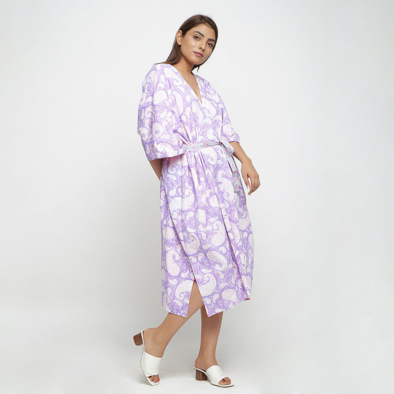 Right View of a Model wearing Reversible Mid Calf Length Cotton Kaftan