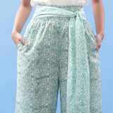 Front Detail of a Model wearing Hand Block Printed Green Elasticated Pant