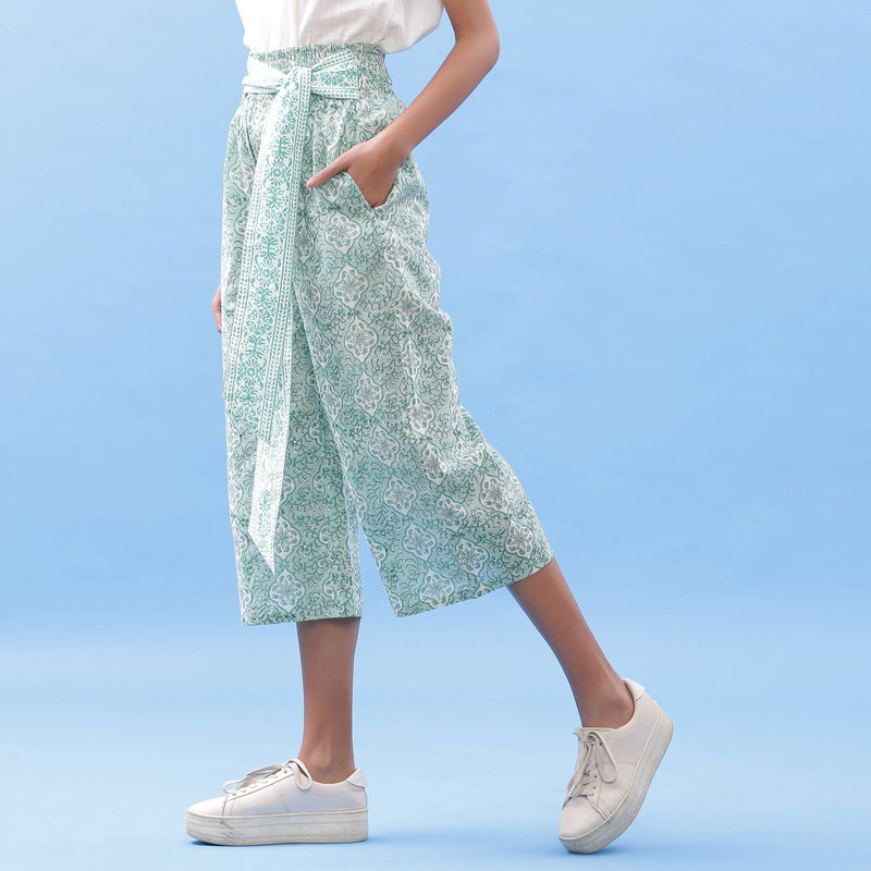 Left View of a Model wearing Hand Block Printed Green Elasticated Pant