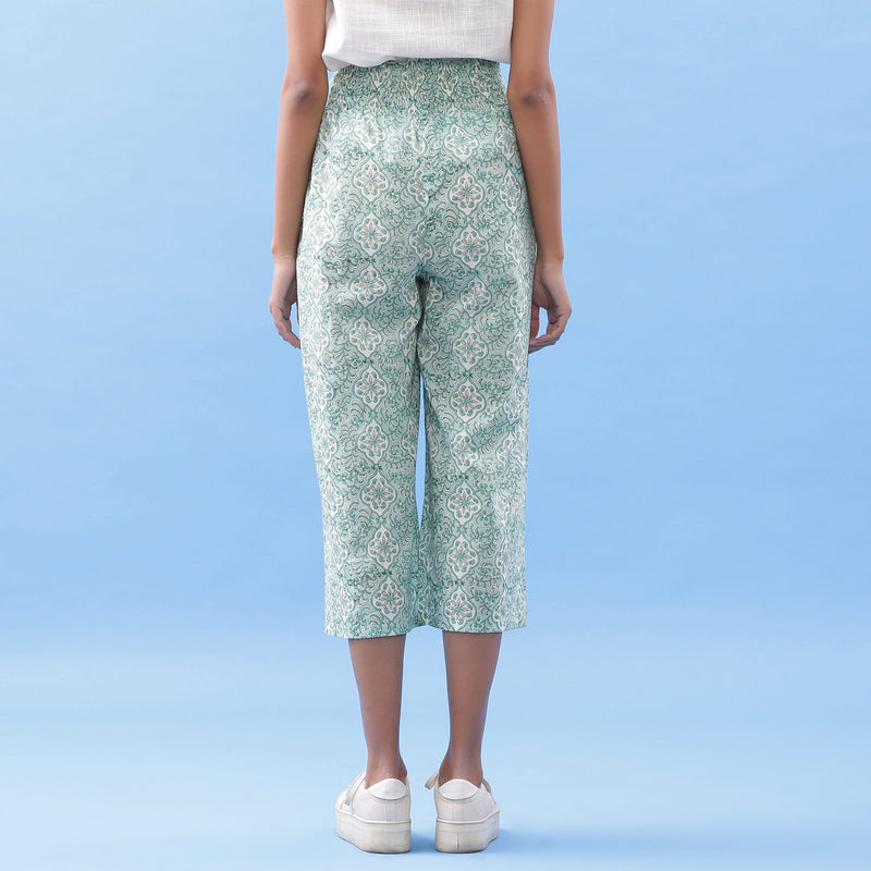 Back View of a Model wearing Hand Block Printed Green Elasticated Pant