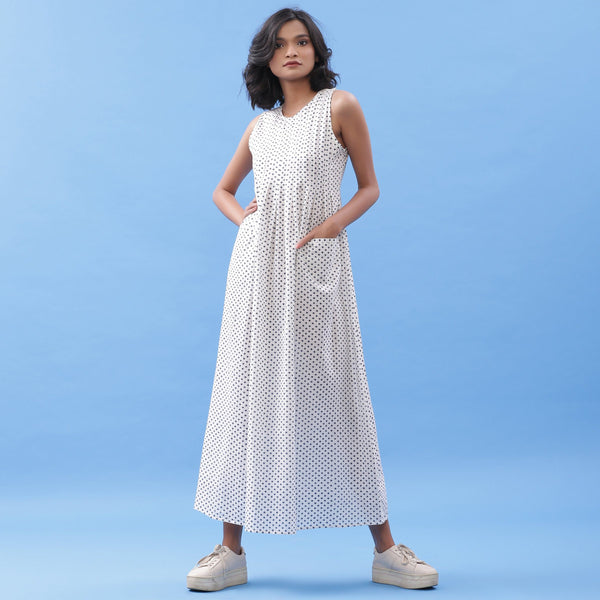 Front View of a Model wearing Hand Block Printed Minimal Pleated Maxi Dress