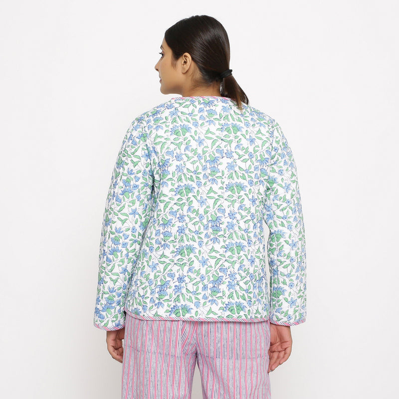 Back View of a Model wearing Hand-Block Printed Reversible Quilted Cotton Jacket