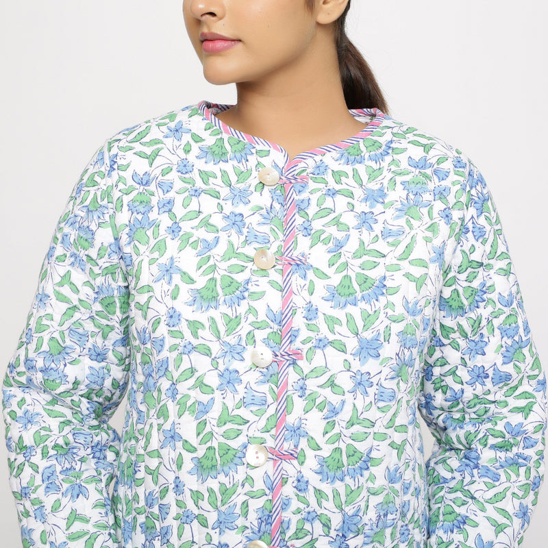 Front Detail of a Model wearing Hand-Block Printed Reversible Quilted Cotton Jacket