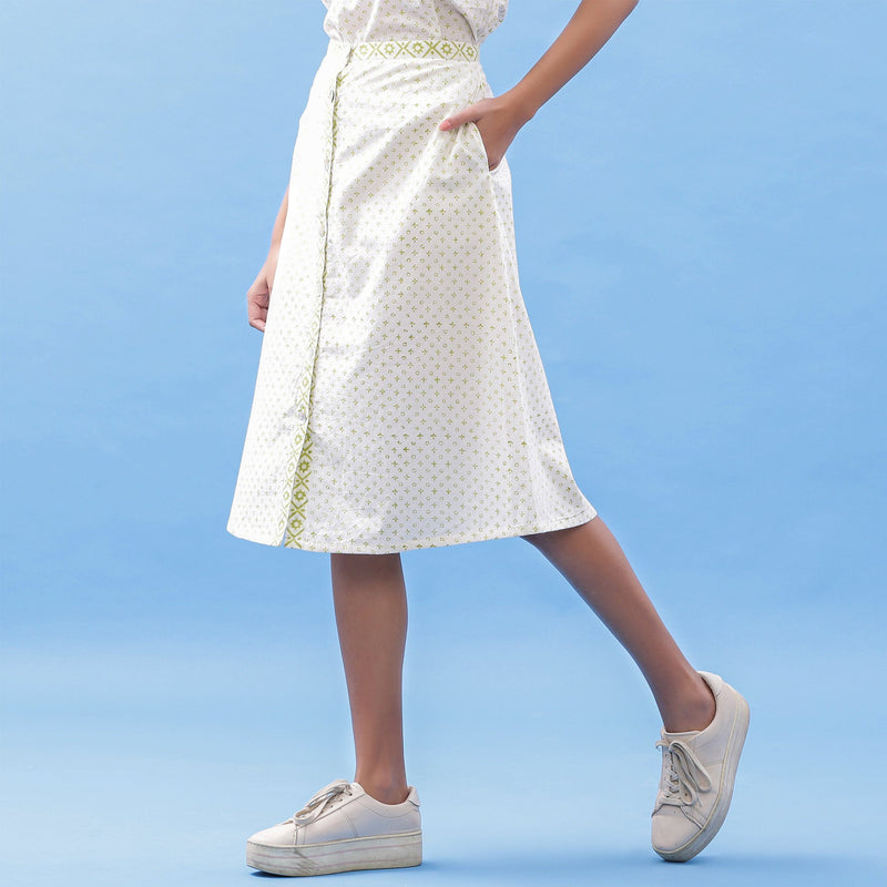 Left View of a Model wearing Hand Block Printed Tic-Tac-Toe A-Line Skirt