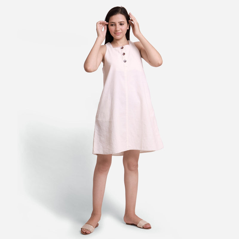 Front View of a Model wearing White Warm Cotton Corduroy a-Line Short Dress