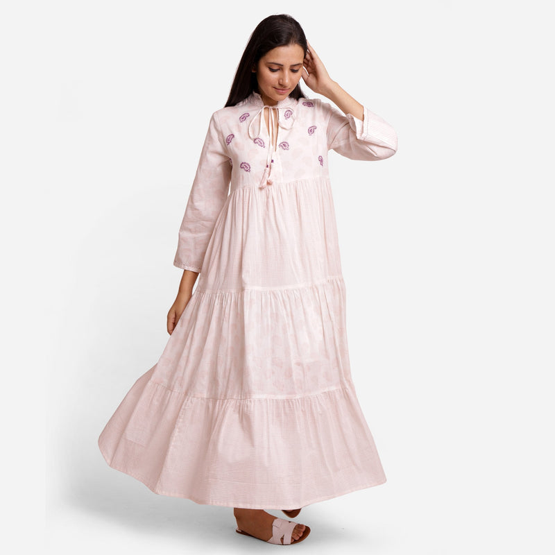 Front View of a Model wearing Powder Pink Cotton Block Print Maxi Peasant Dress