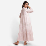 Back View of a Model wearing Powder Pink Cotton Block Print Maxi Peasant Dress