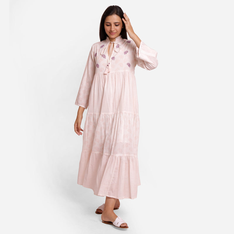 Front View of a Model wearing Powder Pink Cotton Block Print Maxi Peasant Dress