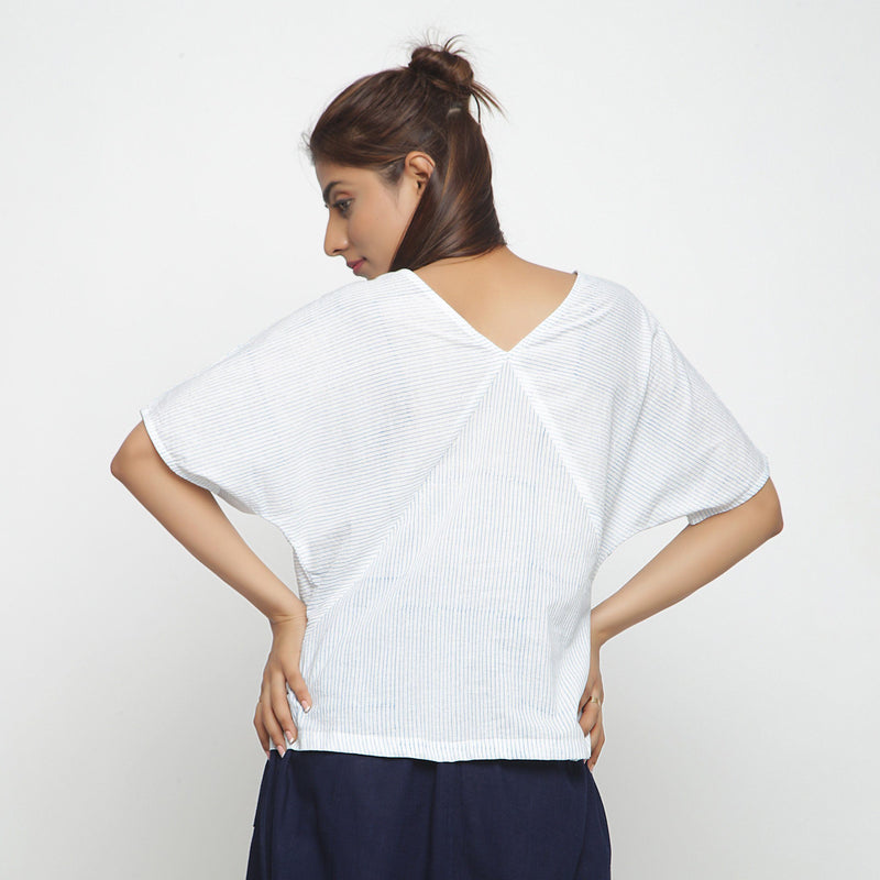 Back View of a Model wearing Block Printed Cotton Striped Paneled Top