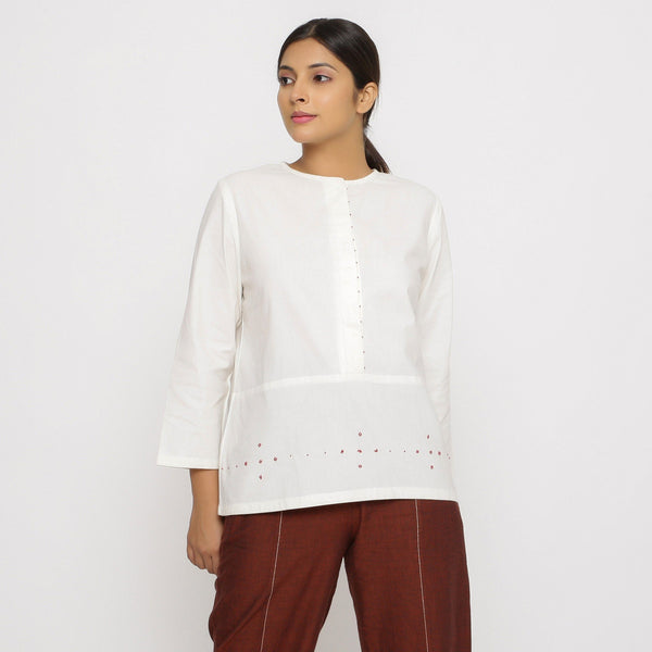 Front View of a Model wearing Hand beaded Cotton Poplin Button-Down Top