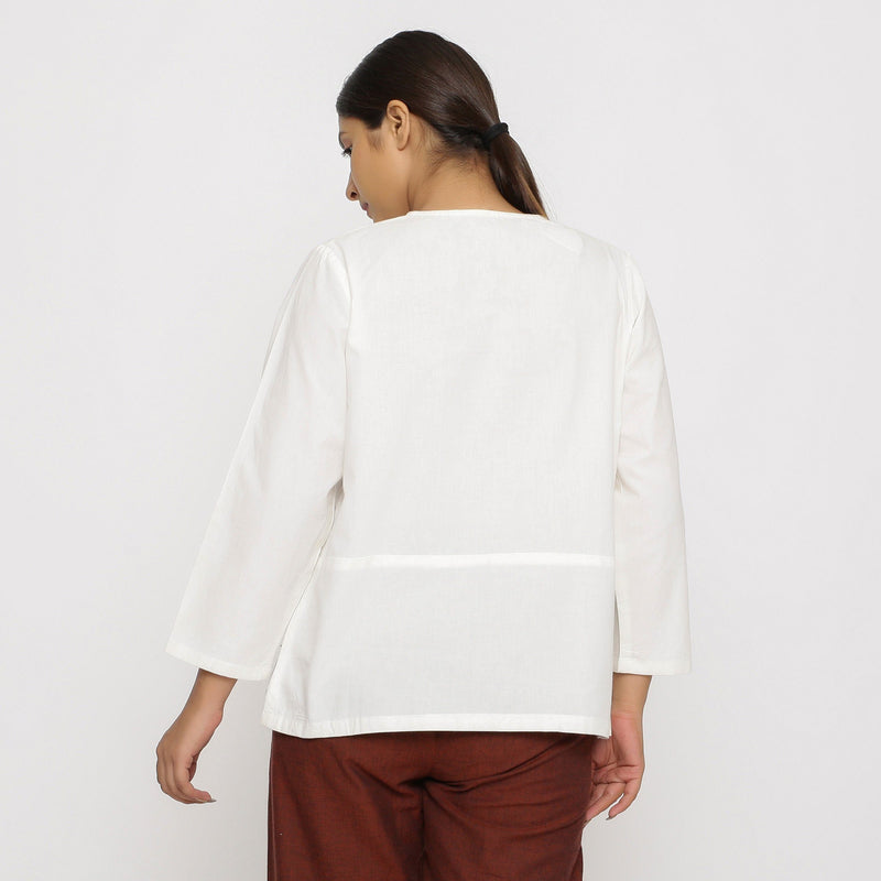 Back View of a Model wearing Hand beaded Cotton Poplin Button-Down Top
