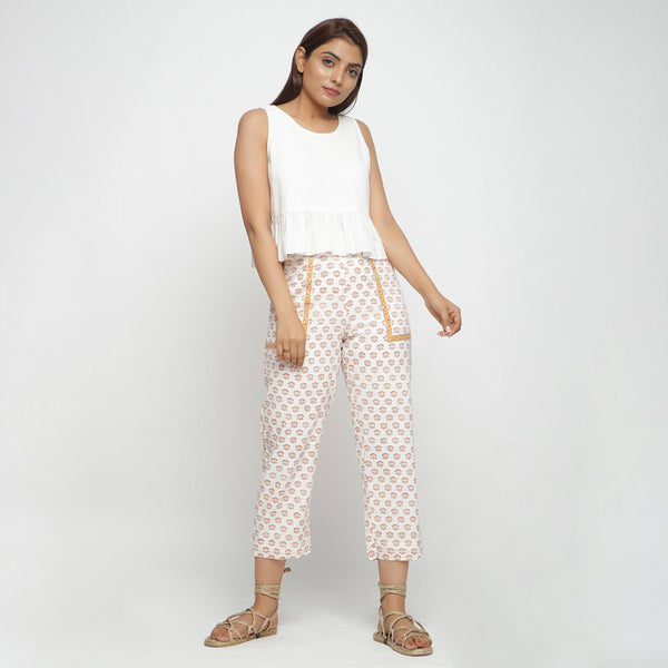 Front View of a Model wearing Floral Block Printed Straight Fit Pant