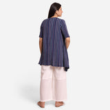 Back View of a Model wearing Navy Blue Crinkled Cotton Striped Overlay
