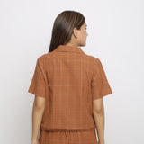 Back View of a Model wearing Handspun Brown Fringe Button-Down Shirt