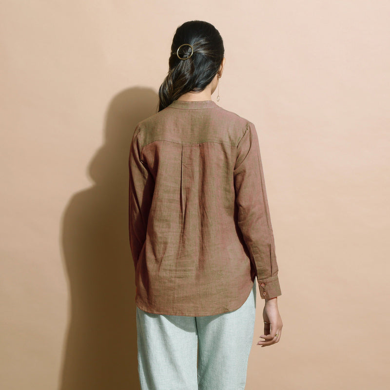 Back View of a Model wearing Handspun Brown Button Down Shirt