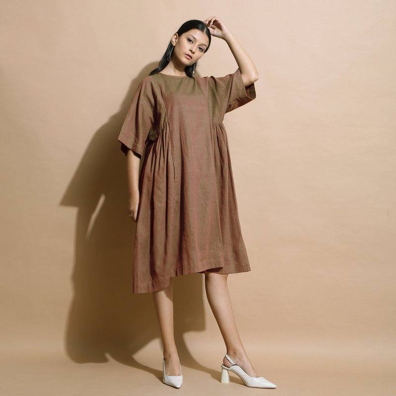 Front View of a Model wearing Handspun Brown Paneled Loose Fit Dress