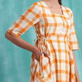 Melon Orange Checks Handspun Cotton Flared Maxi Dress