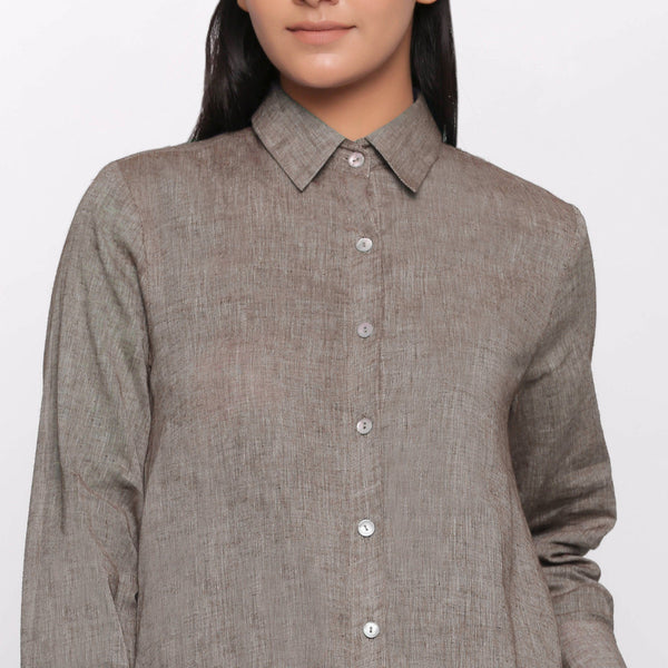 Front Detail of a Model wearing Handspun Cotton Grey Button Down Shirt Dress