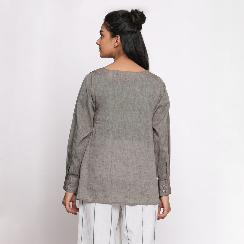 Back View of a Model wearing Handspun Cotton Grey Flared Tunic Top