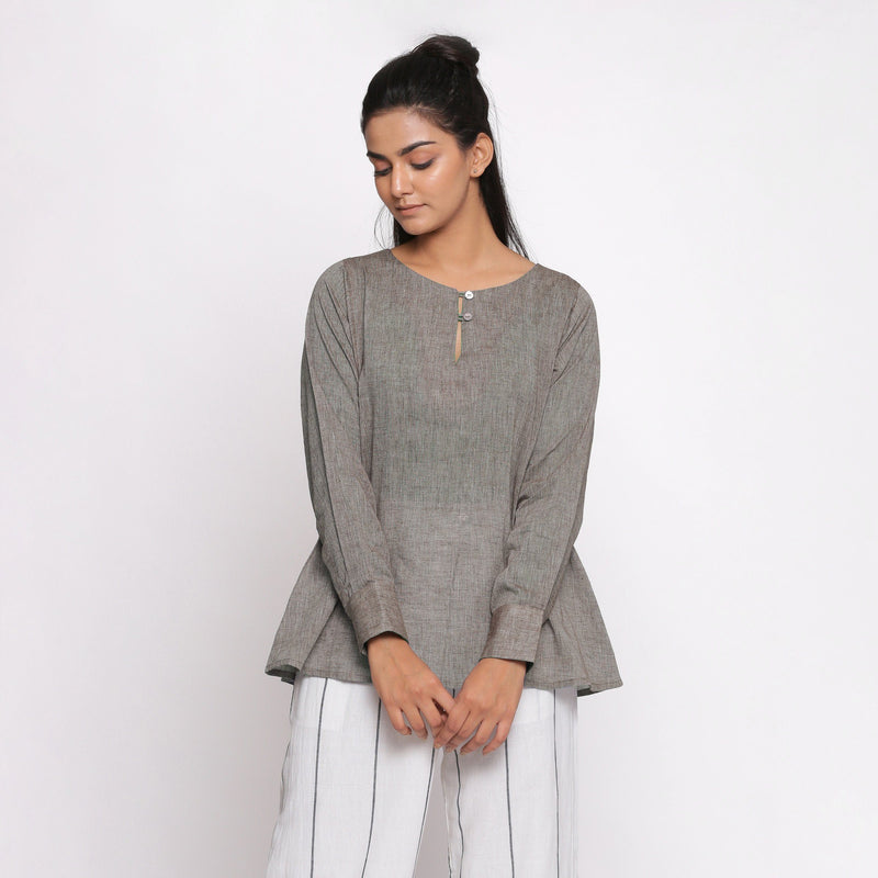 Front View of a Model wearing Handspun Cotton Grey Flared Tunic Top