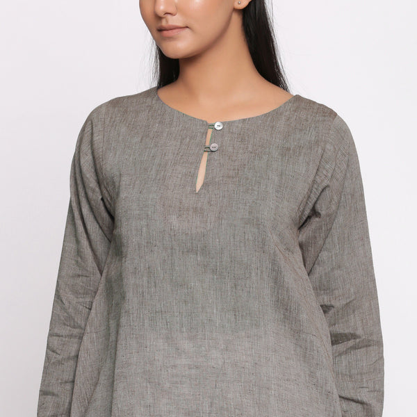 Front Detail of a Model wearing Handspun Cotton Grey Flared Tunic Top
