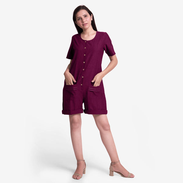 Front View of a Model wearing Handspun Cotton Mulberry Button-Down Romper