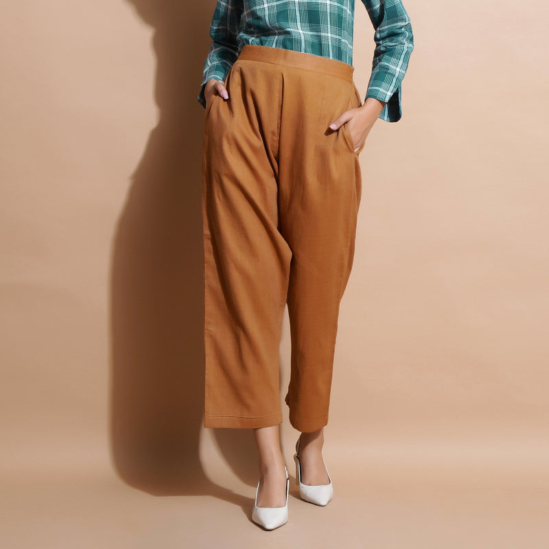 Front View of a Model wearing Handspun Cotton Muslin Mid-Rise Pant