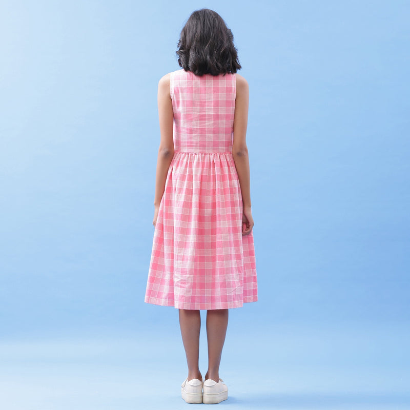 Back View of a Model wearing Pink Yarn Dyed Handspun Cotton V-Neck Yoked Midi Dress