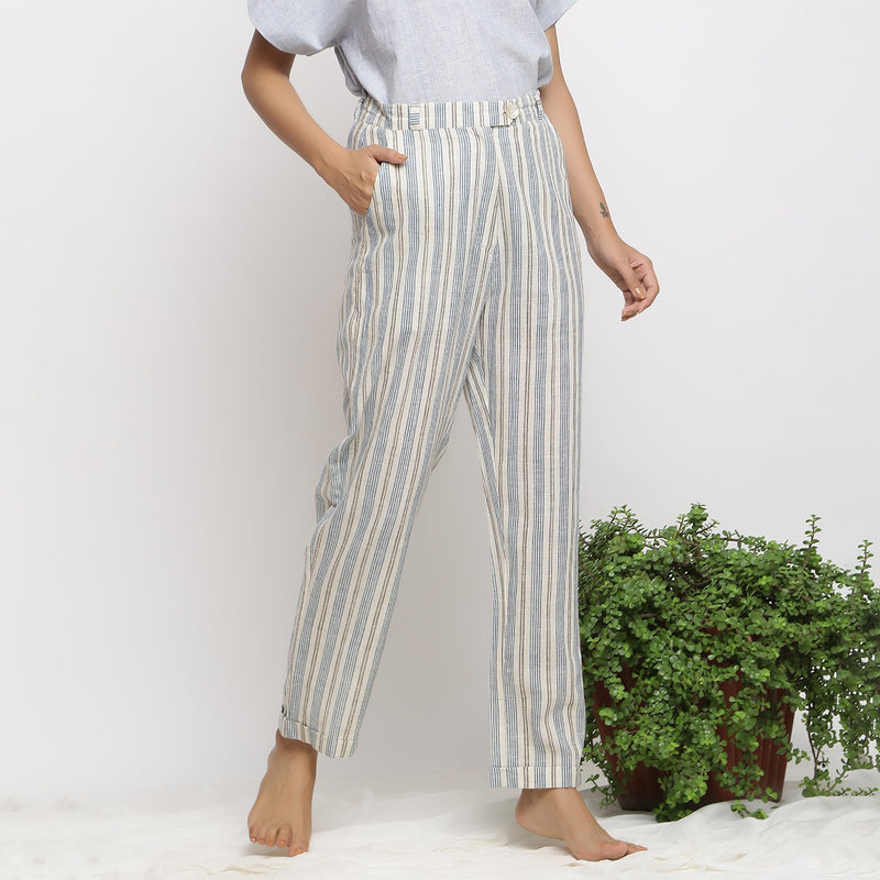 Right View of a Model wearing Handspun Cotton Striped Tapered Pant