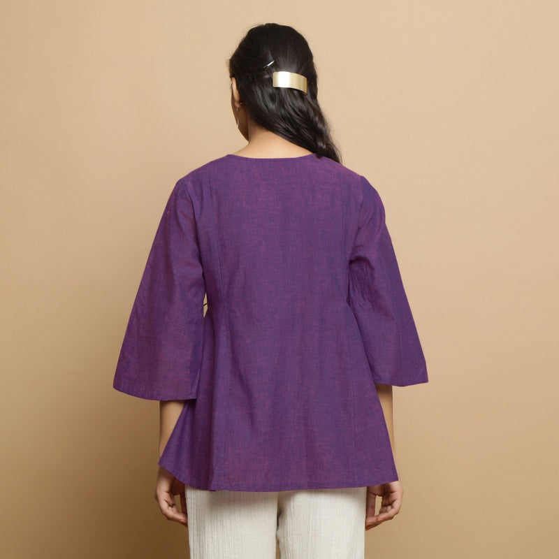 Back View of a Model wearing Handspun Cotton Violet Asymmetrical Top
