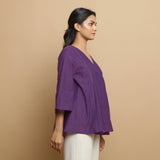 Right View of a Model wearing Handspun Cotton Violet Asymmetrical Top