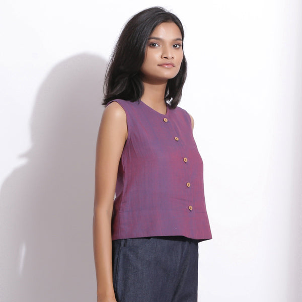 Right View of a Model wearing Handspun Cotton Violet Button-Down Shirt