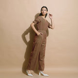 Right View of a Model wearing Handspun Frilled Sleeve Straight Jumpsuit