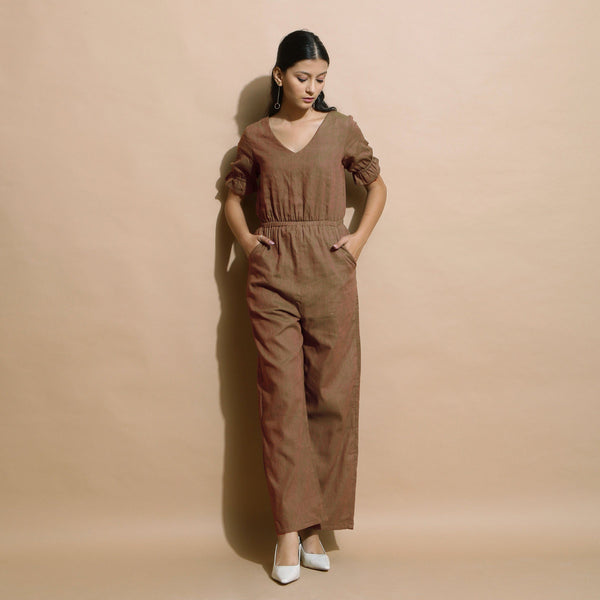 Front View of a Model wearing Handspun Frilled Sleeve Straight Jumpsuit