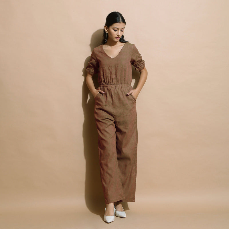 Front View of a Model wearing Handspun Frilled Sleeve Straight Jumpsuit