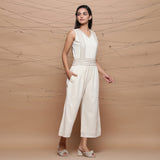 Right View of a Model wearing Handspun Ivory Jute Laced Jumpsuit