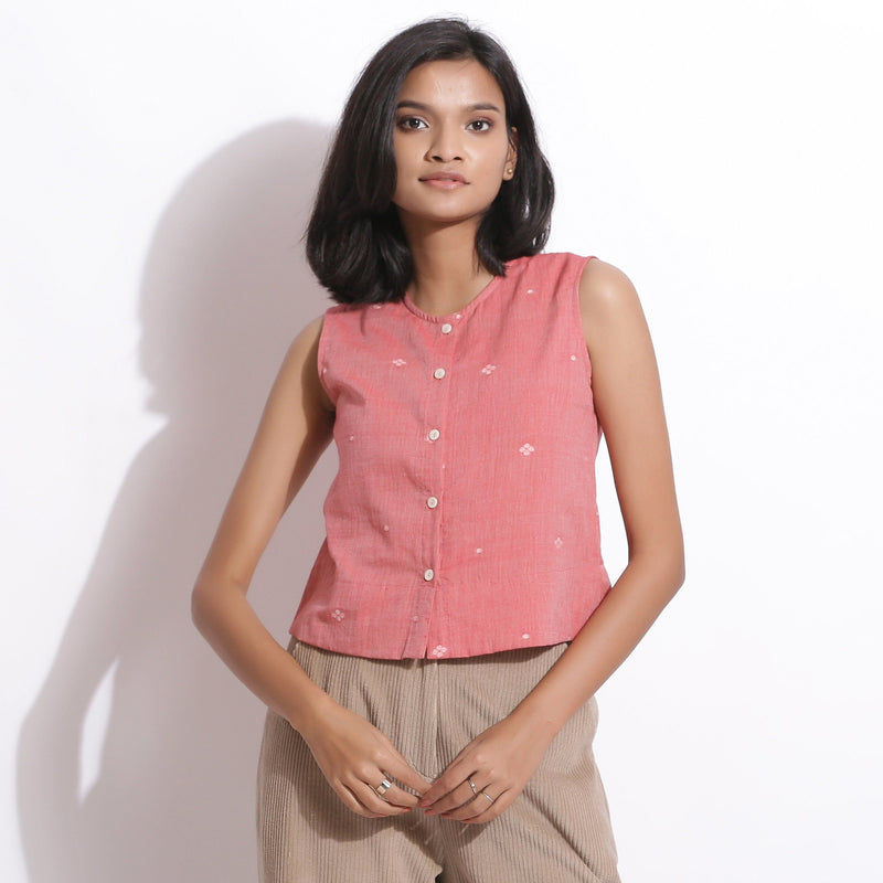Front View of a Model wearing Handspun Jamdani Rose Pink Crop Shirt