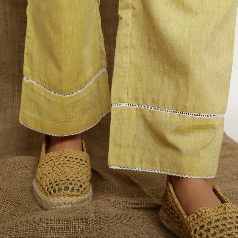 Close View of a Model wearing Handspun Light Yellow Straight Pant