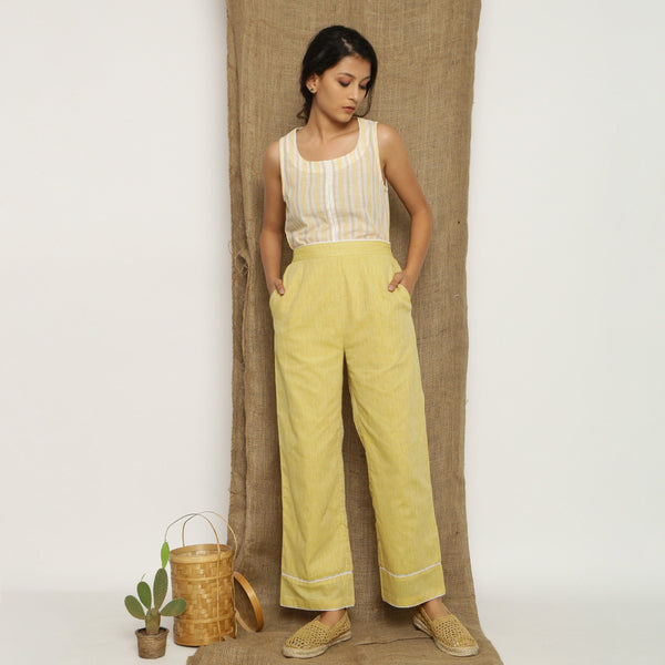 Front View of a Model wearing Handspun Light Yellow Straight Pant