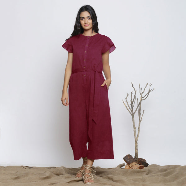 Front View of a Model wearing Handspun Maroon Butterfly Sleeves Jumpsuit