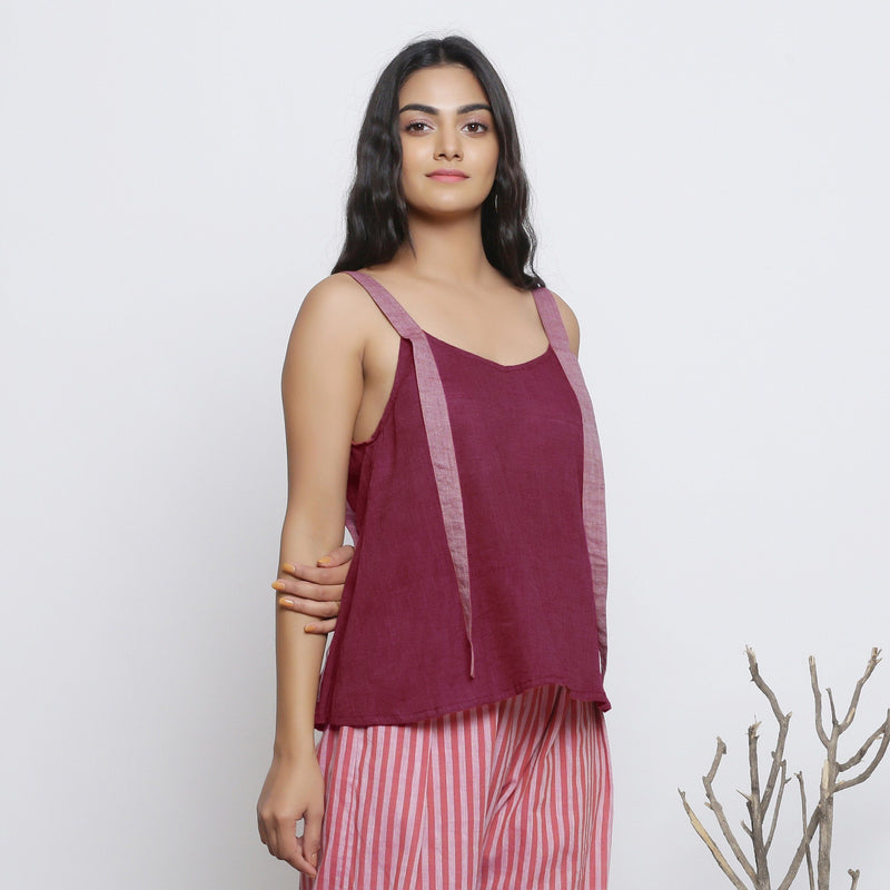 Right View of a Model wearing Handspun Maroon Convertible Tie-Up Top