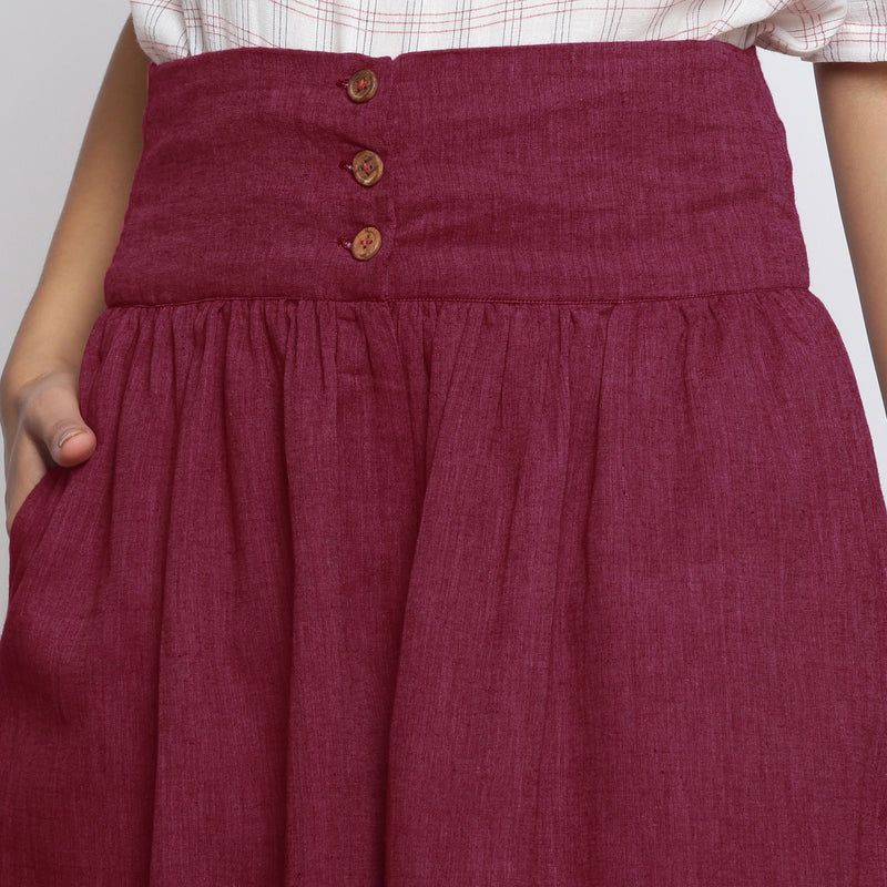 Front Detail of a Model wearing Handspun Maroon Gathered Pant