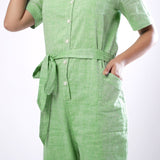 Front Detail of a Model wearing Handspun Mint Green Paneled Button-Down Jumpsuit