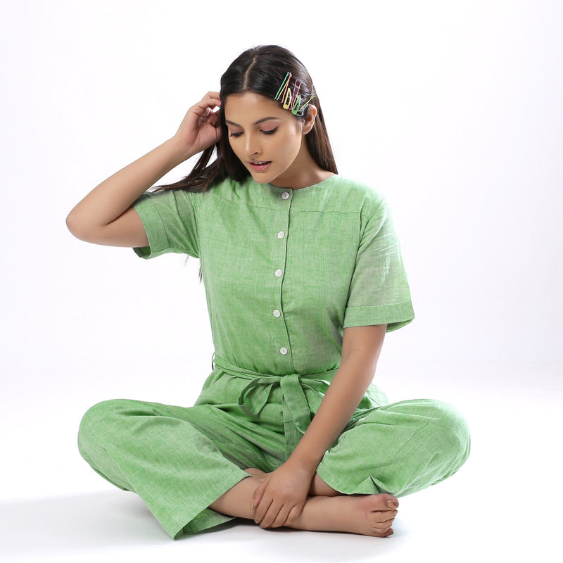 Front View of a Model wearing Handspun Mint Green Paneled Button-Down Jumpsuit