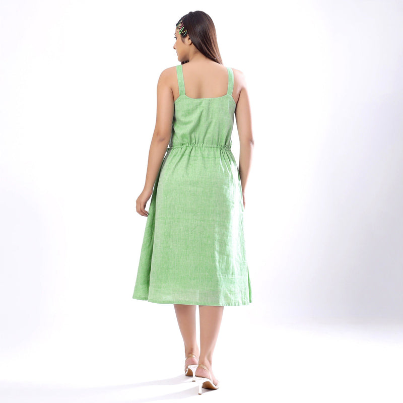 Back View of a Model wearing Handspun Mint Green Strappy Circular Dress