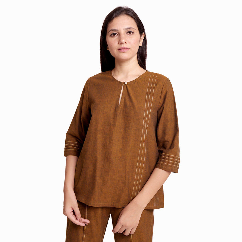 Front View of a Model wearing Handspun Oak Brown Cotton Straight Top
