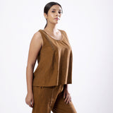 Right View of a Model wearing Handspun Oak Brown Straight Cotton Top