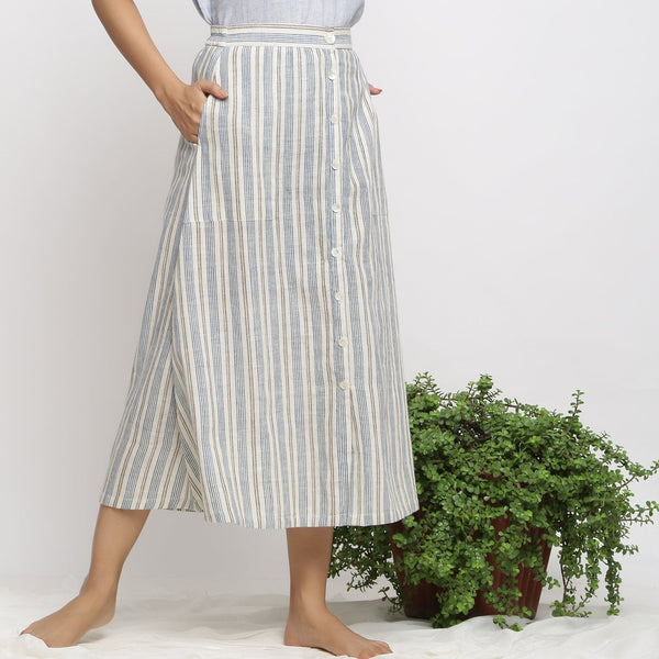 Front View of a Model wearing Handspun Off-White Button-Down Skirt