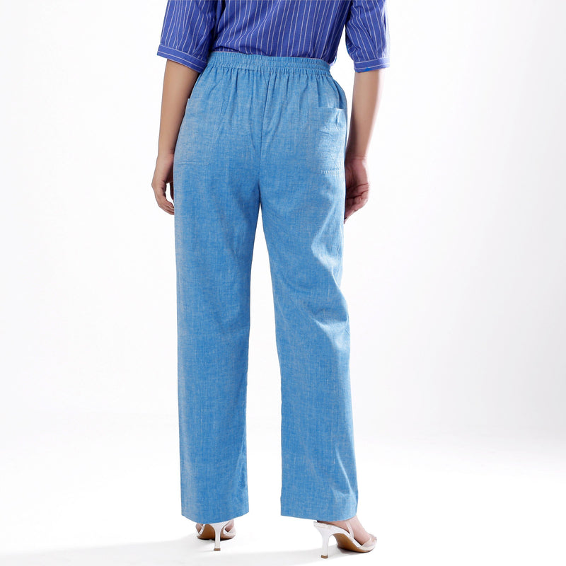 Back View of a Model wearing Handspun Sky Blue Elasticated Straight Pant