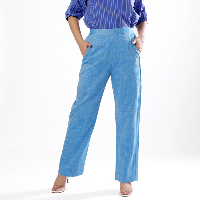 Front View of a Model wearing Handspun Sky Blue Elasticated Straight Pant